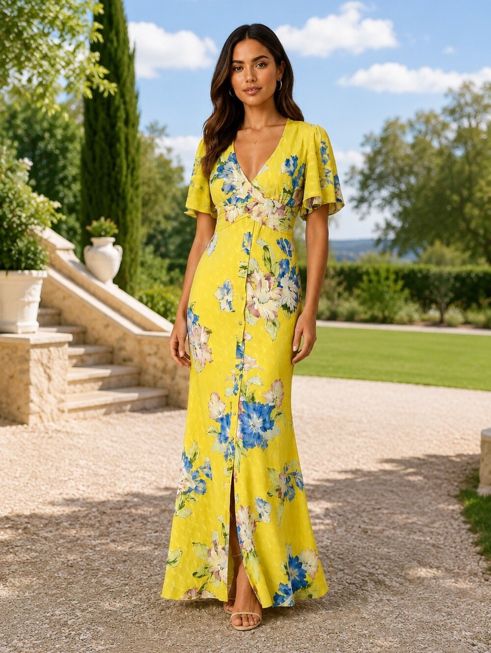 ASOS CHARTREUSE FLORAL V-NECK BACKLESS CROSS CHEST FITTED MAXI DRESS NWOT SIZE 2
